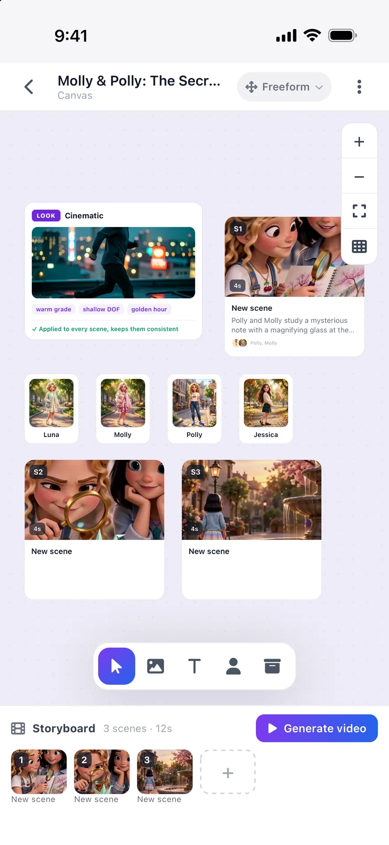 Loovie storyboard canvas with three scenes and a cast of four