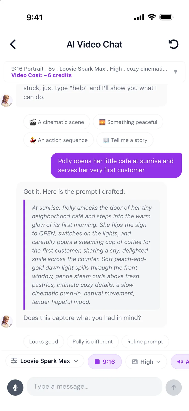 Loovie chat with Leah, showing a drafted video prompt